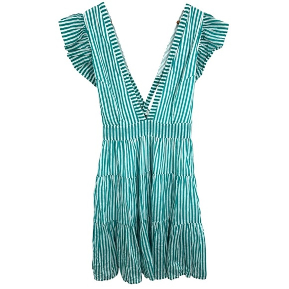 Oliphant Green Striped Mini Dress V Neck Ruffle Sleeve Tiered Cotton Summer - Picture 1 of 9